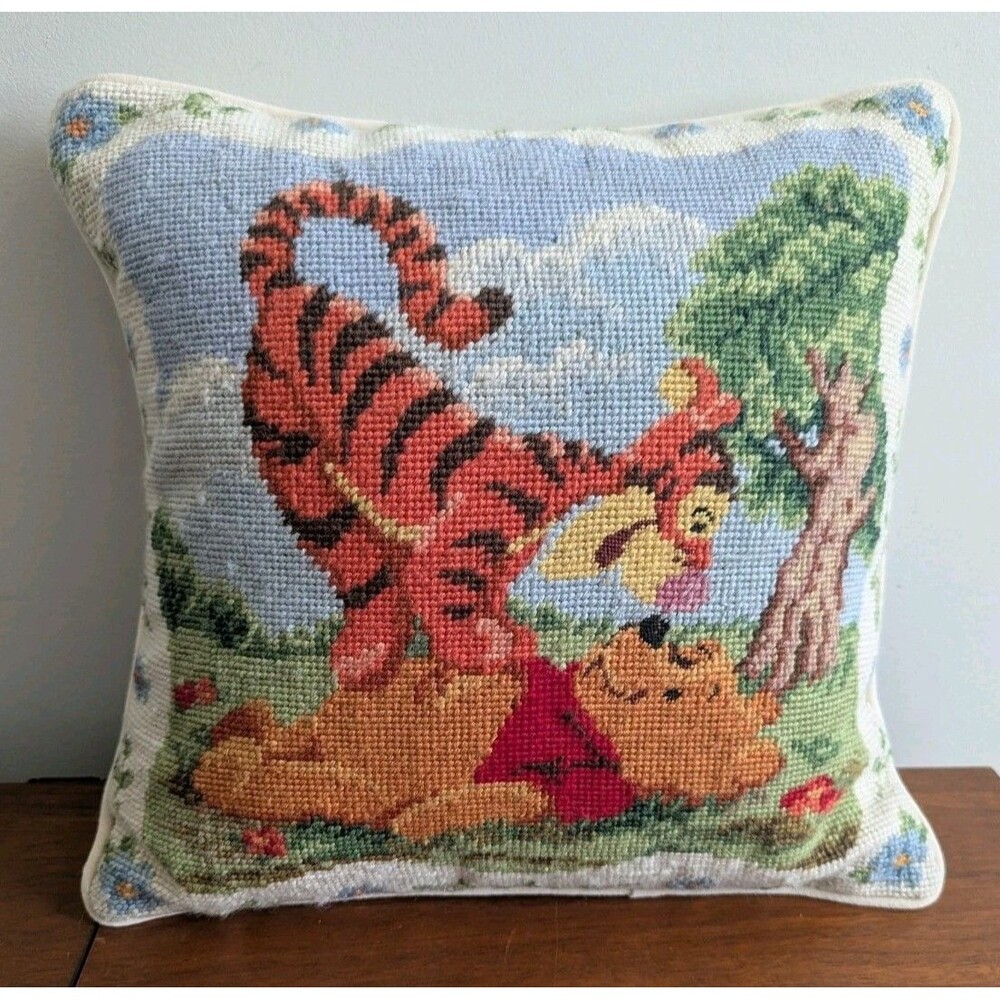 Vintage Disney Needlepoint Decorative Pillow Winnie The Pooh Tigger 100 Acre 14"
